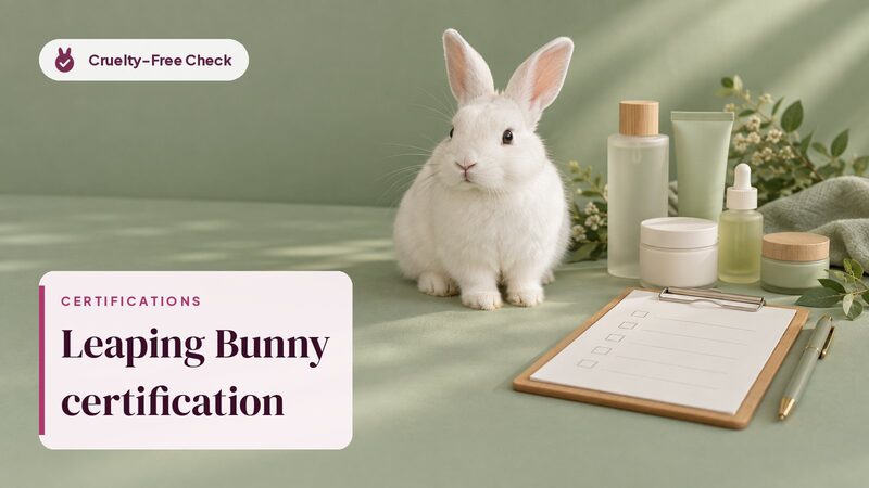 White rabbit beside unbranded cosmetic jars and a blank checklist, illustrating the Leaping Bunny certification