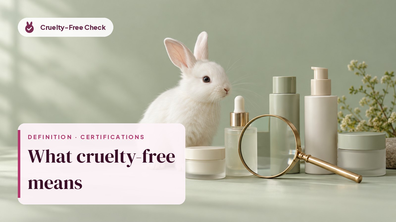 Small white rabbit and a magnifying glass on unbranded cosmetic bottles, illustrating what cruelty-free means