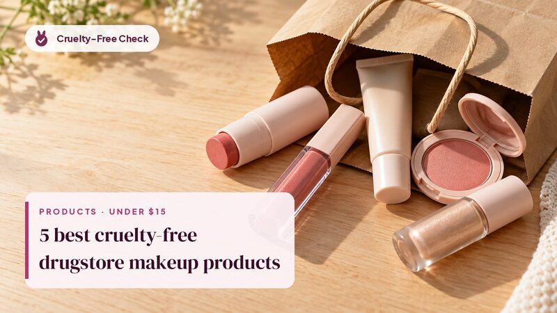 Unbranded blush, lip gloss and primer spilling from a paper bag, illustrating cruelty-free Drugstore makeup picks