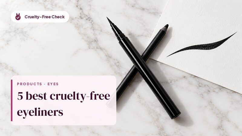 Unbranded felt-tip liquid Eyeliner and gel pencil beside a winged-liner stroke, illustrating cruelty-free eyeliner picks