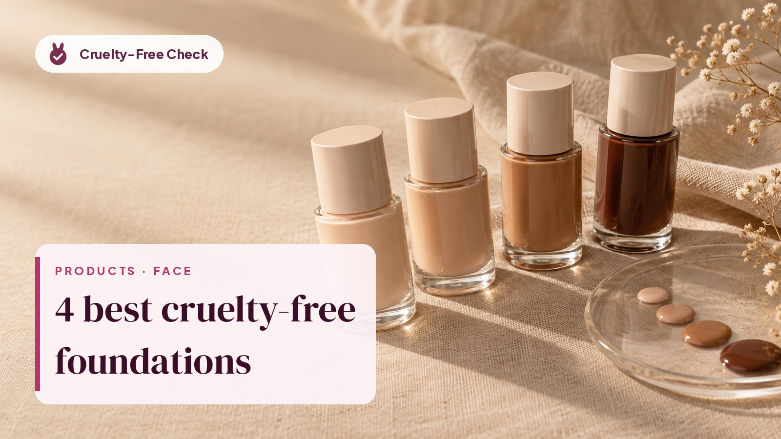 Unbranded glass Foundation bottles in a range of skin tones on beige linen, illustrating cruelty-free foundation picks