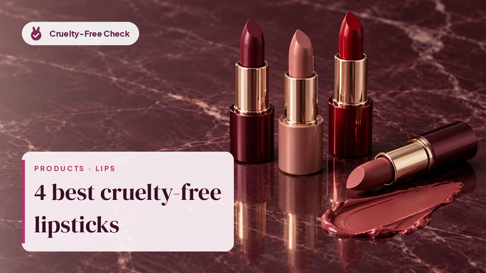 Unbranded berry, nude and red Lipstick bullets on plum marble, illustrating cruelty-free lipstick picks